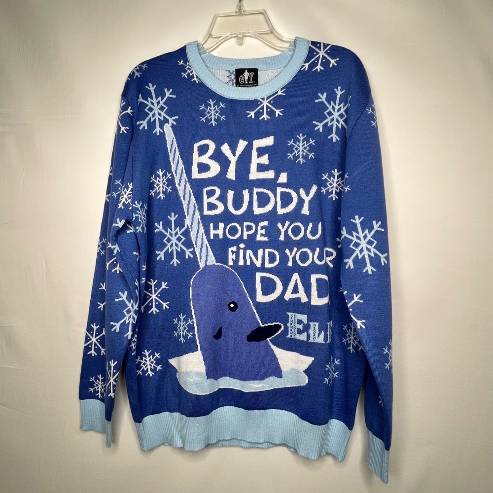 Elf Blue Narwhal Sweater Unisex L Bye Buddy Hope You Find Your Dad‎ Christmas